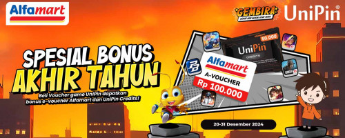 Spesial Bonus Akhir Tahun - Beli Voucher game UniPin dapatkan bonus e-voucher Alfamart dan UniPin Credits!
